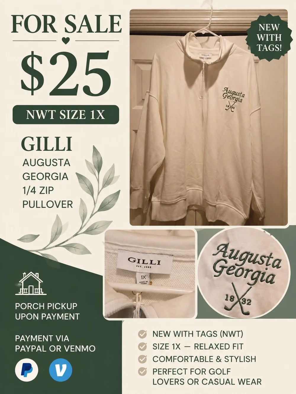 Gilli Cream Augusta Georgia 1/4 Zip Pullover